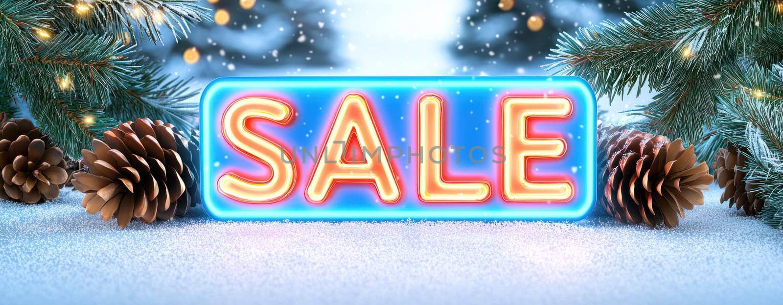 Festive SALE sign surrounded by pine cones and snow, creating joyful atmosphere.