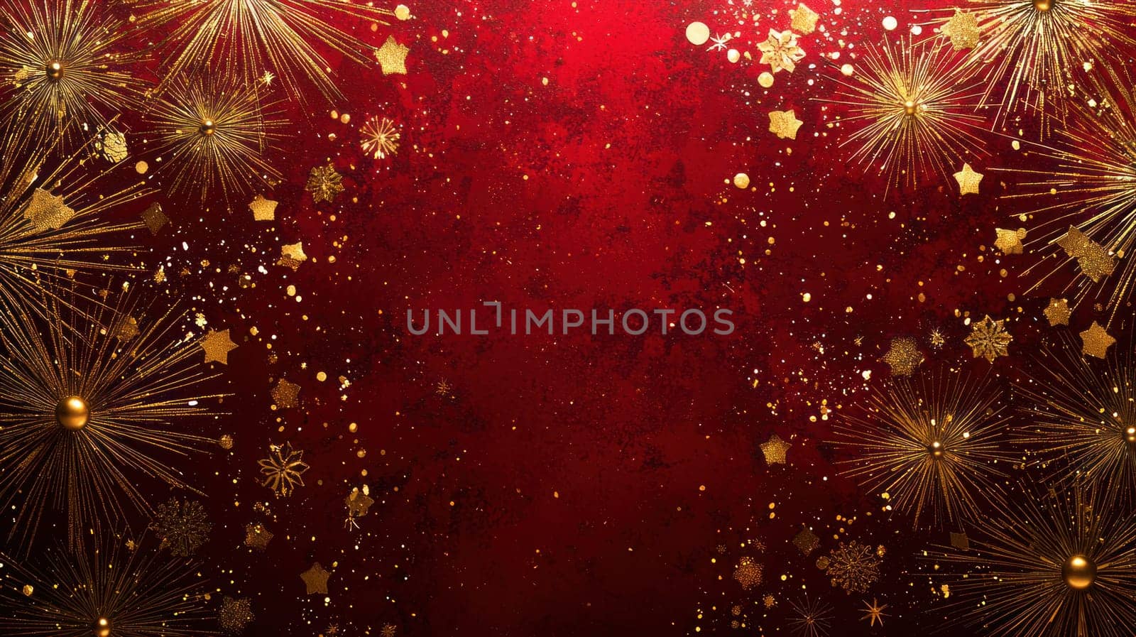 Festive golden starburst pattern on deep red background, perfect for celebrations.