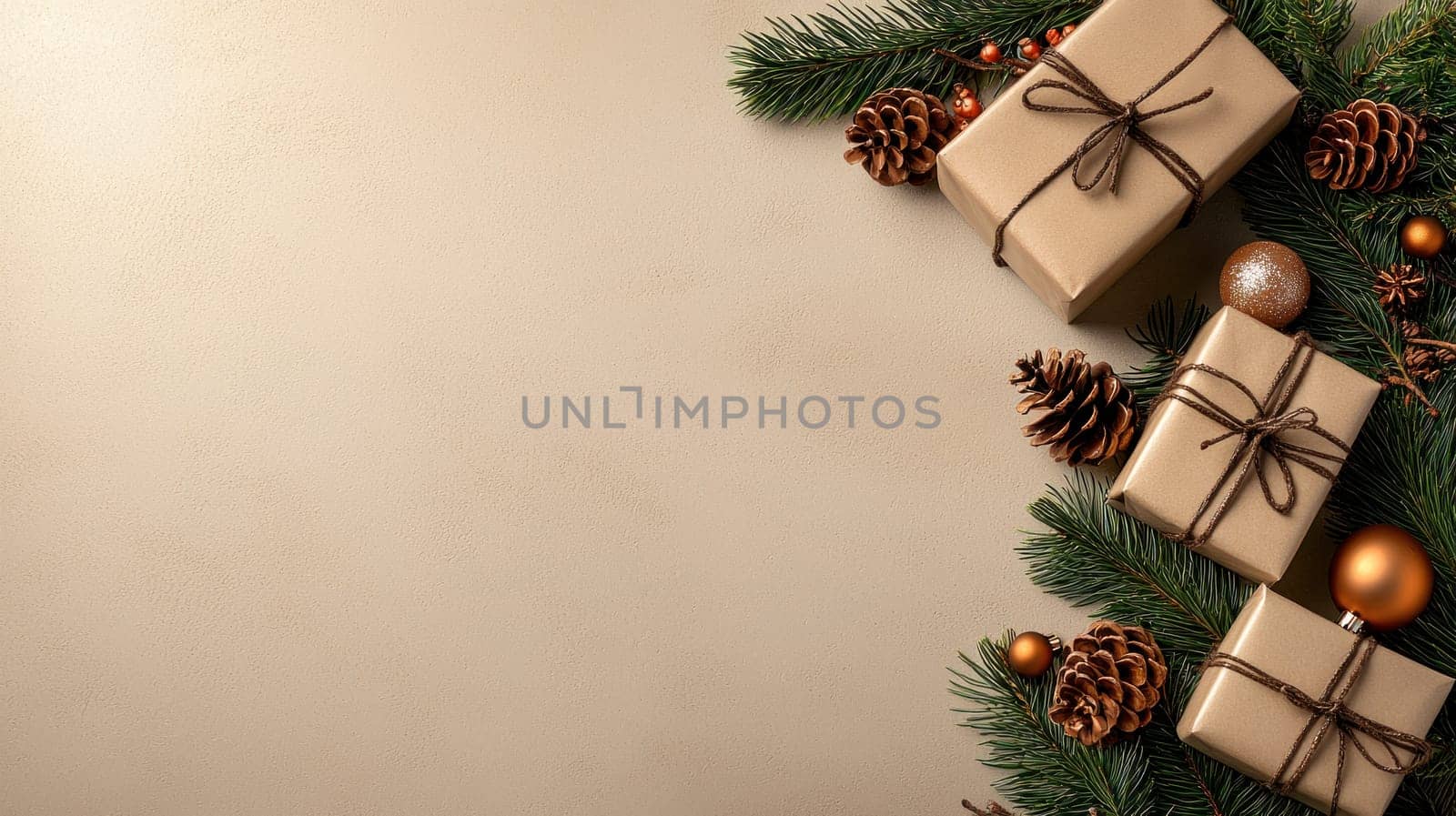 Elegant Christmas gifts arranged with pine branches and ornaments.
