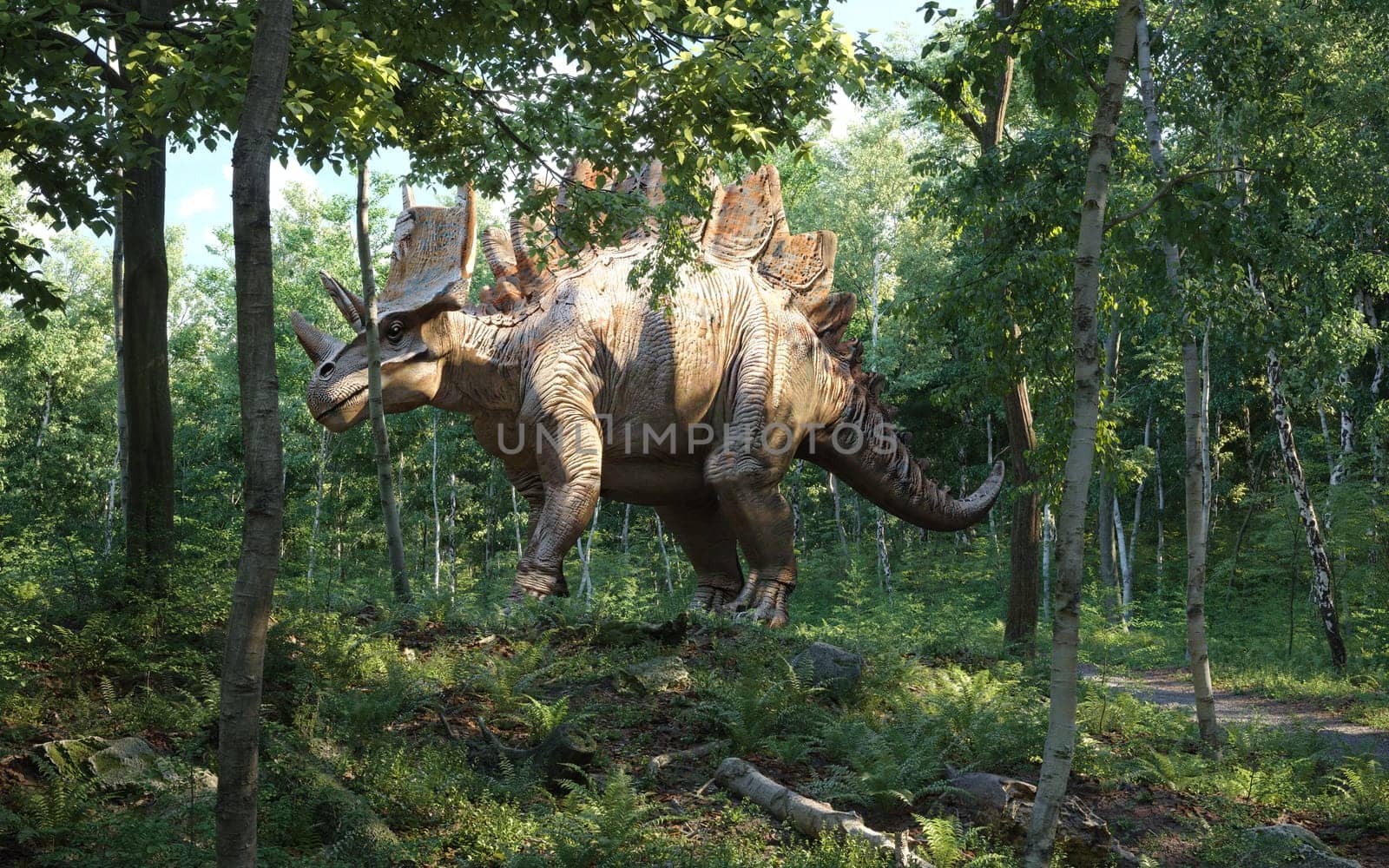 A realistic dinosaur roaming through a dense, sunlit forest. 3d render