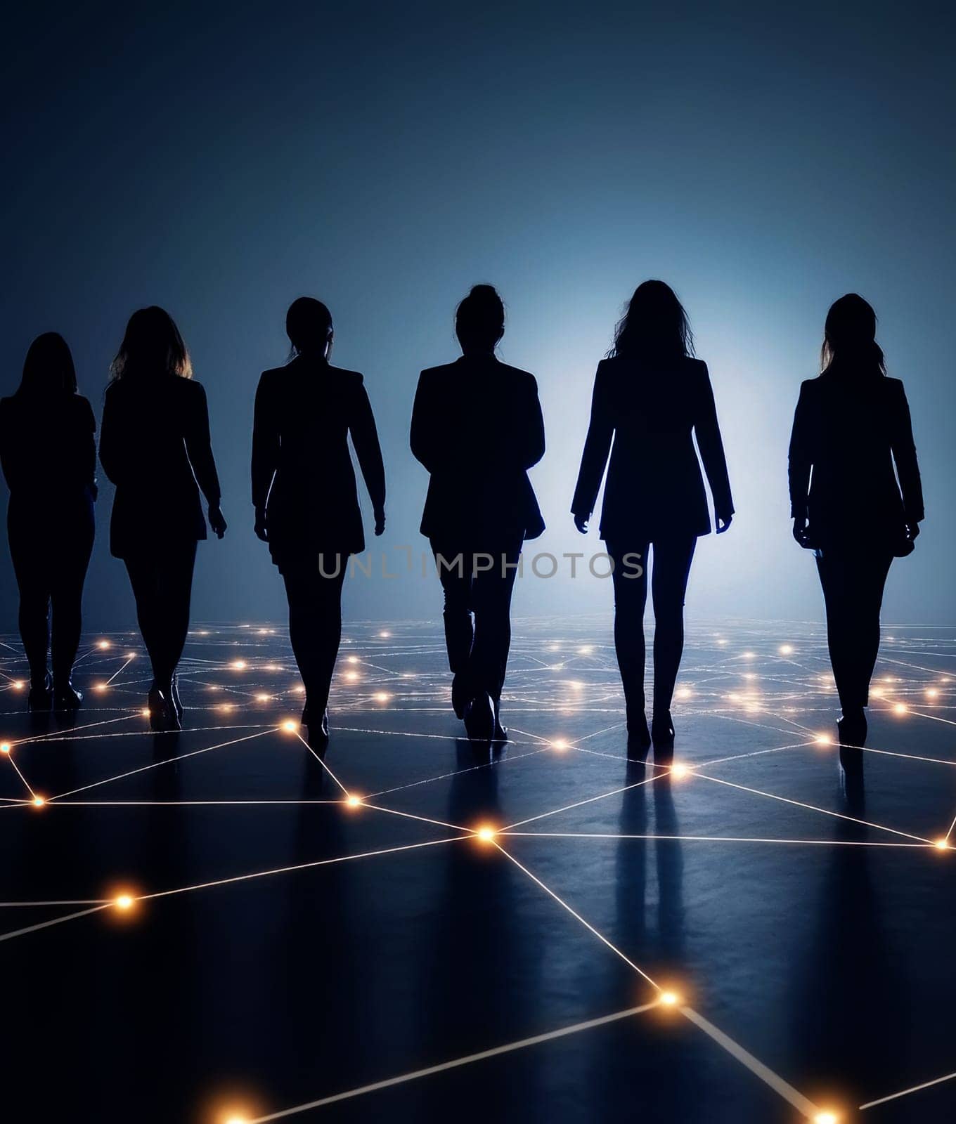 silhouettes of diverse woman team professionals business individuals connected by lines dots symbolizing network connections.