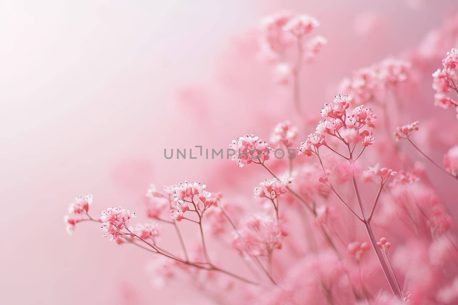 Pink cherry blossoms and petals on a soft pink background..