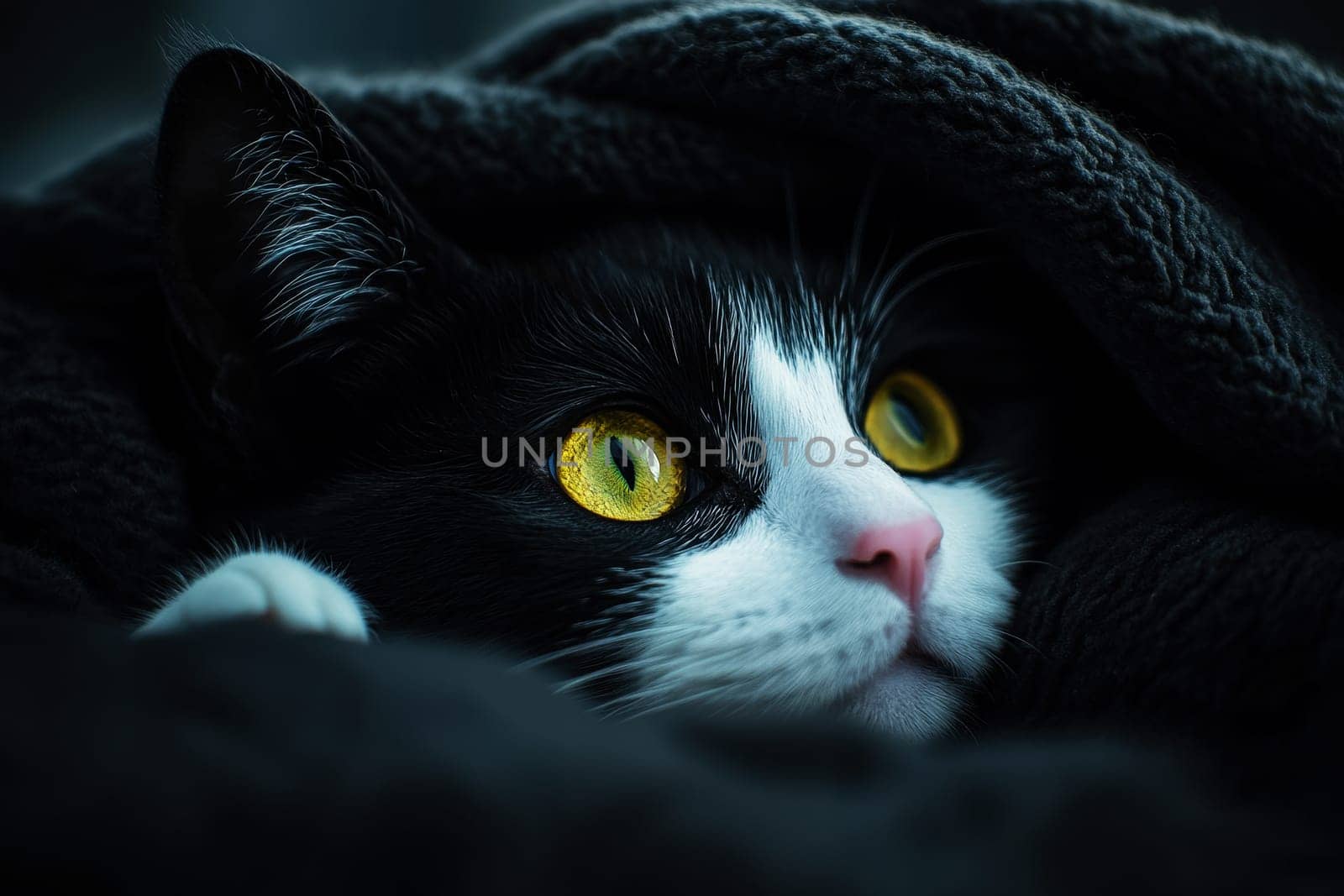 cat peeking under blanket partly covered by a dark grey blanket..
