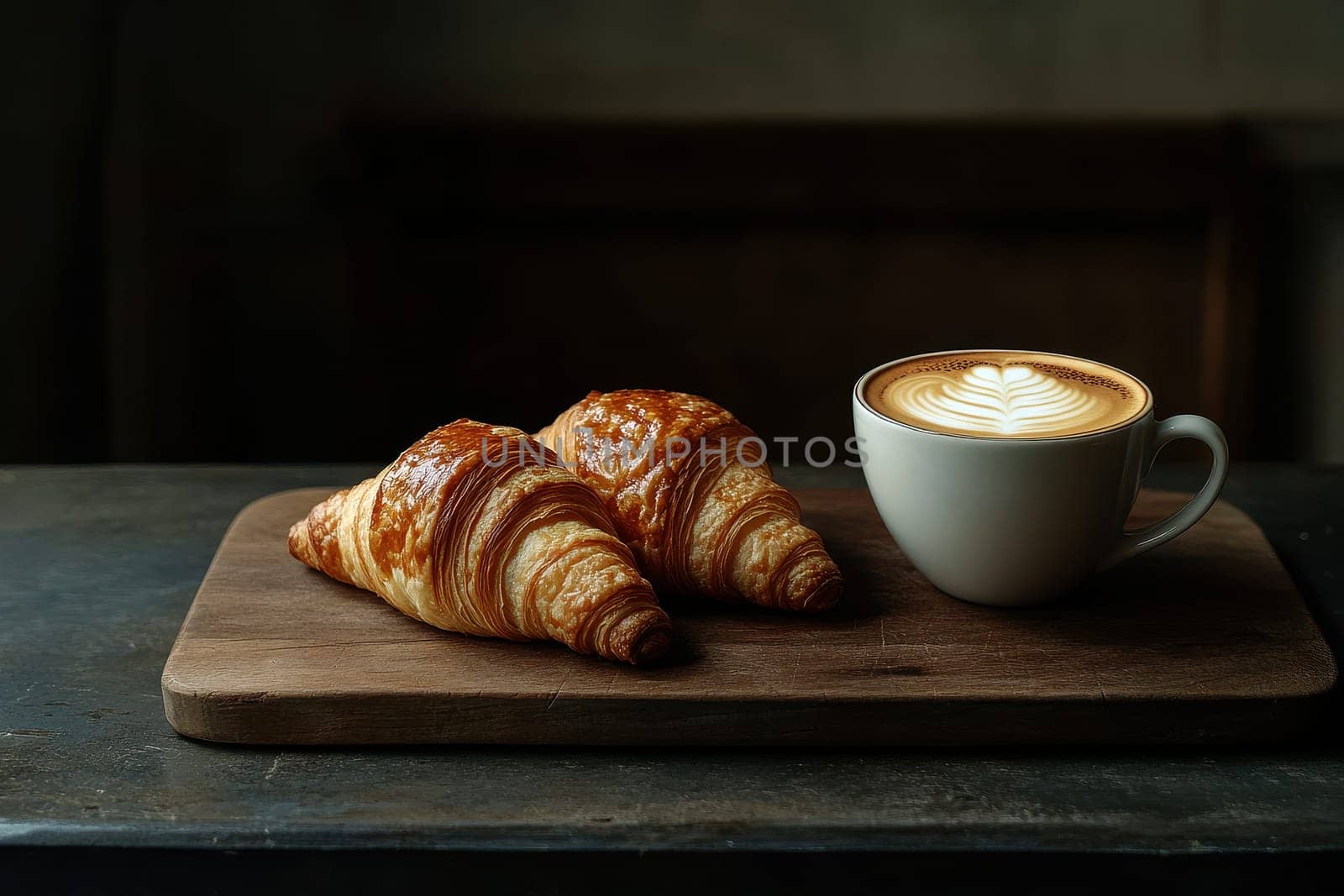 A cup of coffee with latte art beside a golden, flaky croissant on a wooden cutting board. The image captures the essence of a perfect, cozy breakfast moment..