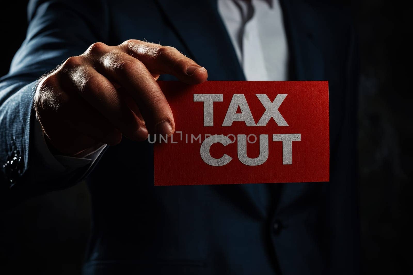 close up a businessman holding text display TAX CUT..