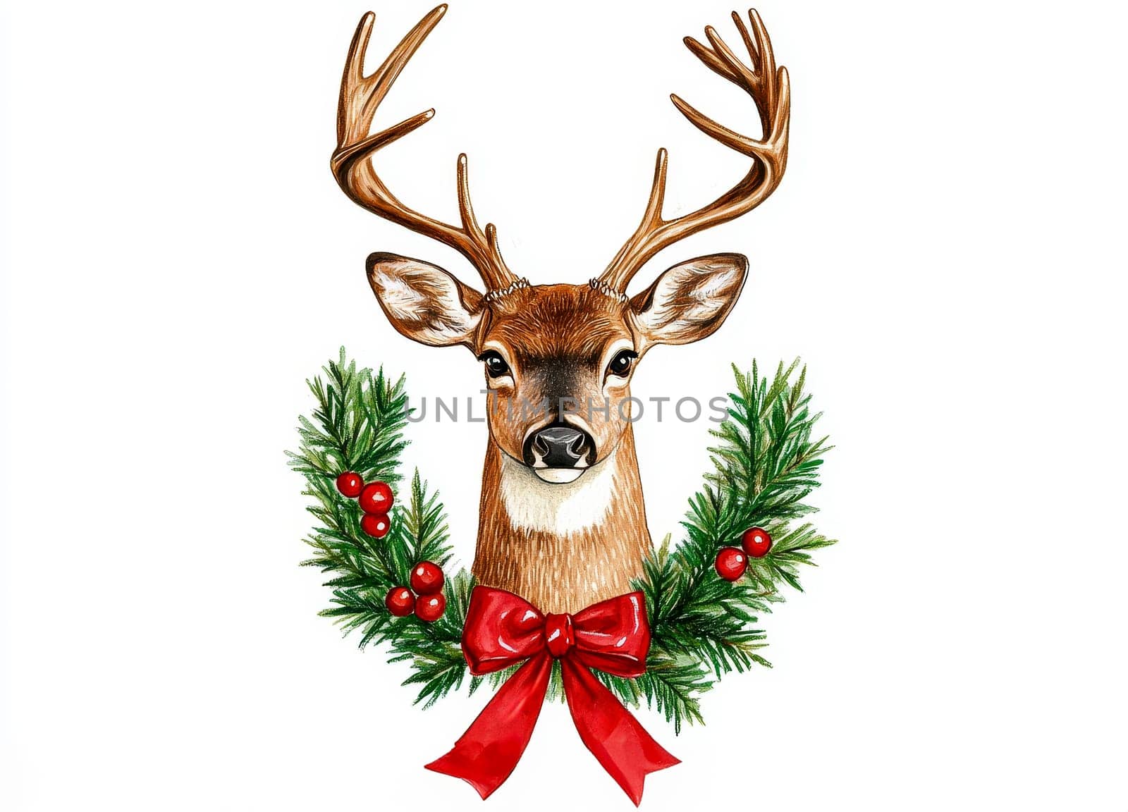 A beautifully illustrated deer head with antlers, adorned by a pine wreath and festive red berries, perfect for holiday themes..