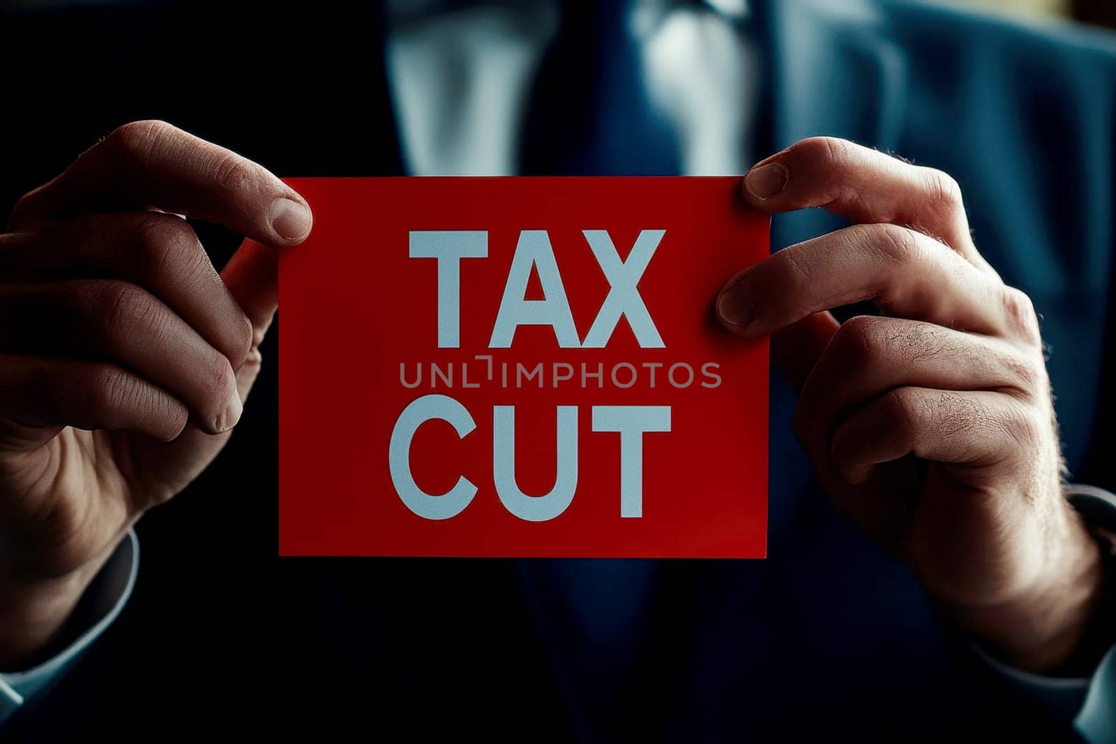 close up a businessman holding text display TAX CUT..