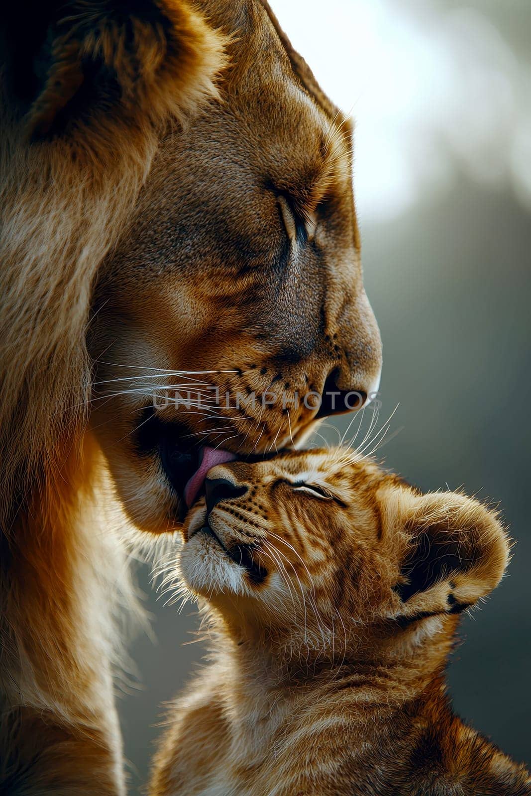a lioness tenderly grooming her cub, tenderly licking its fur as the little ball of fur.