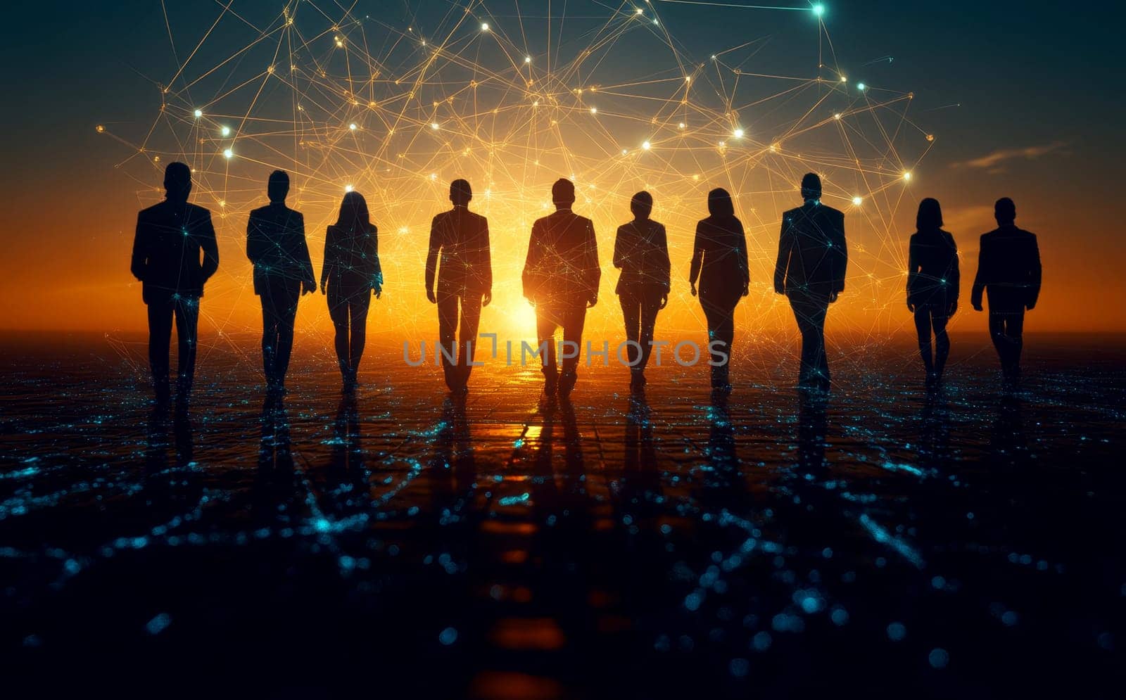silhouettes of diverse team professionals business individuals connected by lines dots symbolizing network connections.