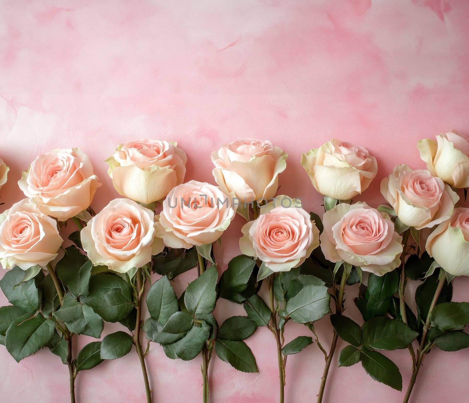 A row of pink roses with green leaves on a pink background..