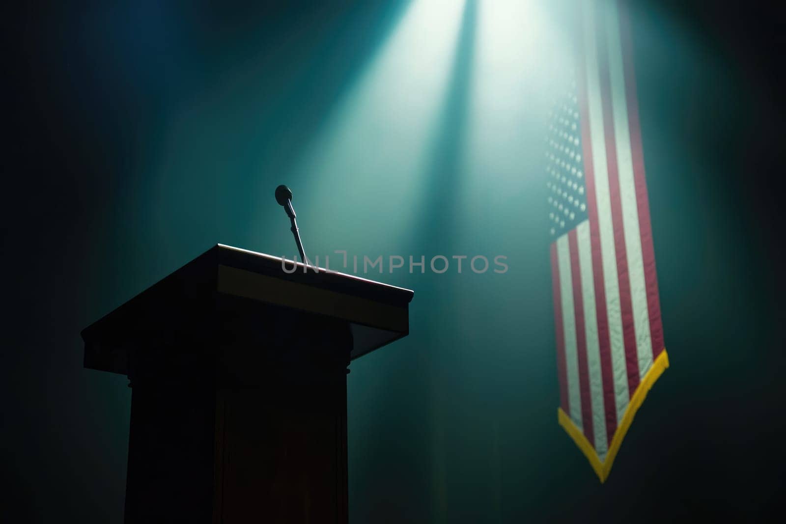 A dramatic scene featuring a classic podium illuminated by a spotlight alongside an American flag, capturing the essence of political discourse and public speaking events.