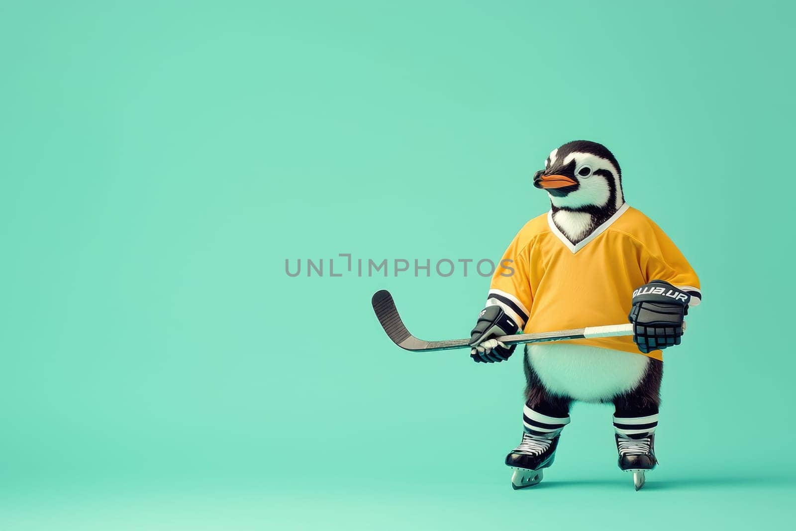 This charming image features a penguin in a vibrant yellow hockey jersey, proudly holding a stick and standing on skates, set against a striking turquoise backdrop.