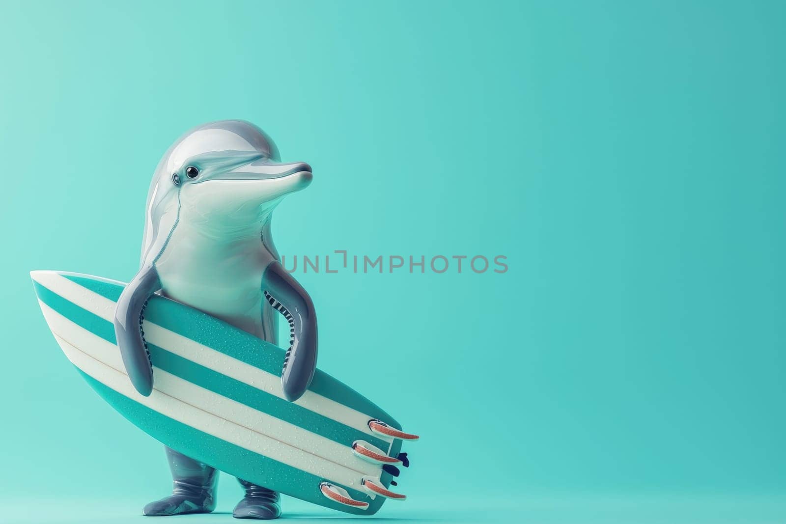 A cheerful cartoon dolphin holding a surfboard, presented in a bright turquoise background, ideal for summer-themed projects and children's illustrations.
