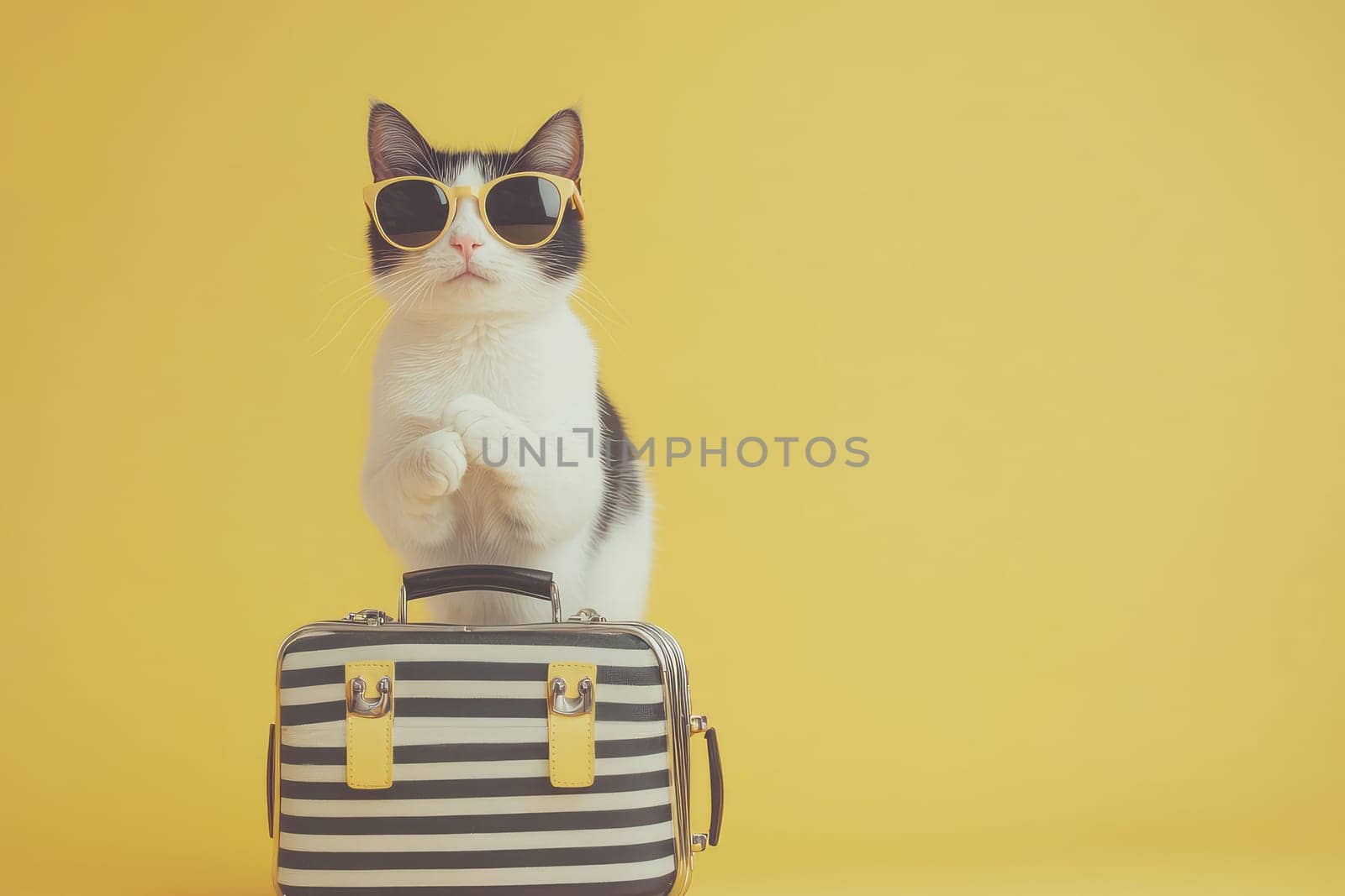 A charming cat wearing stylish sunglasses stands atop a chic striped suitcase, creating a whimsical and fun scene against a bright yellow backdrop ideal for travel-themed designs.