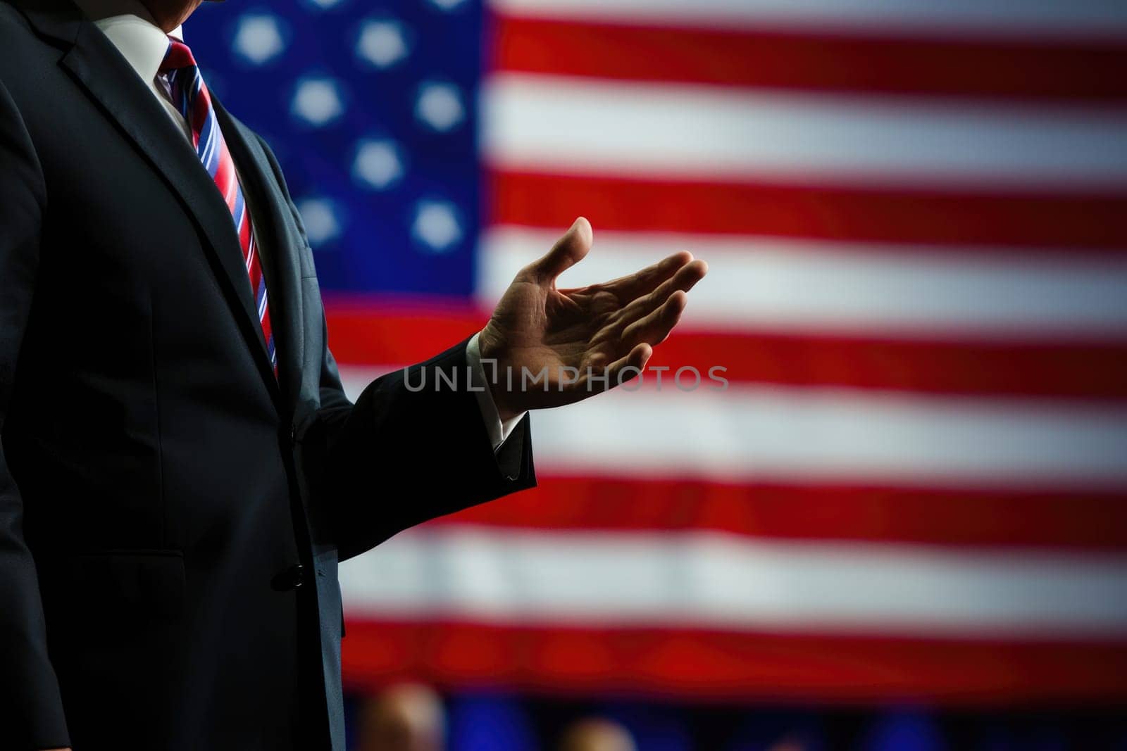 A businessman gestures passionately against the backdrop of an American flag, representing themes of leadership, patriotism, and the power of political communication in a dynamic setting.