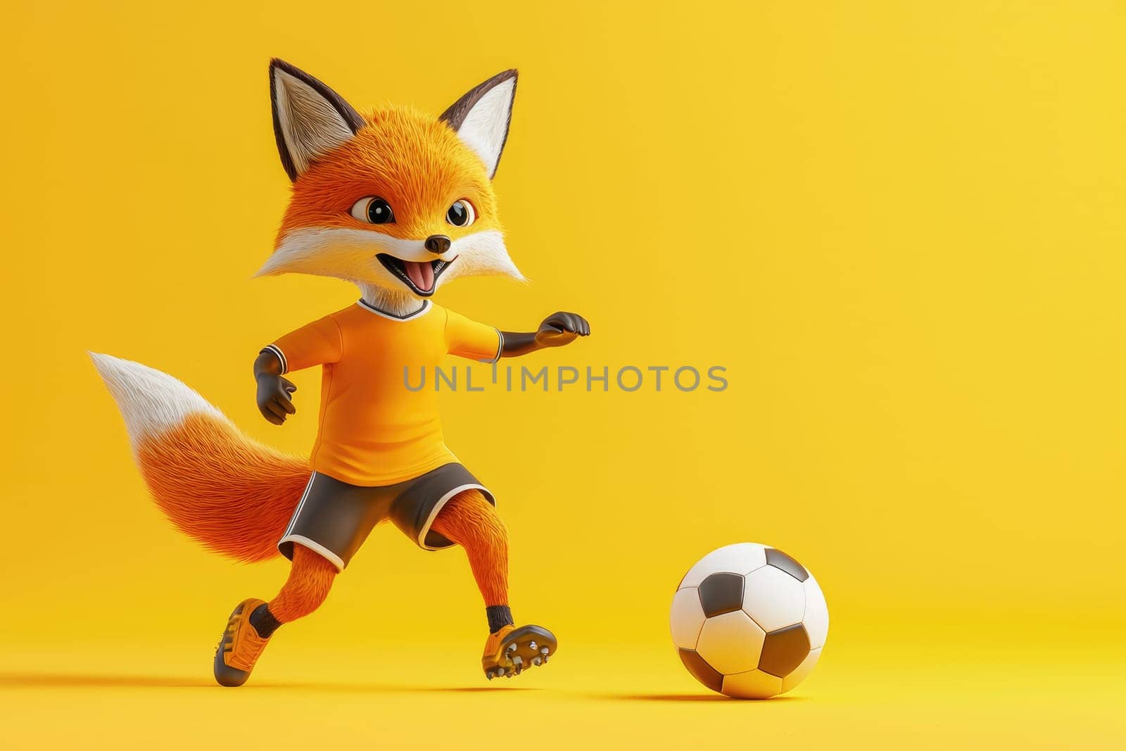 A lively cartoon fox character joyfully kicks a soccer ball against a vibrant yellow background, ideal for projects focusing on sports, children, and dynamic energy.