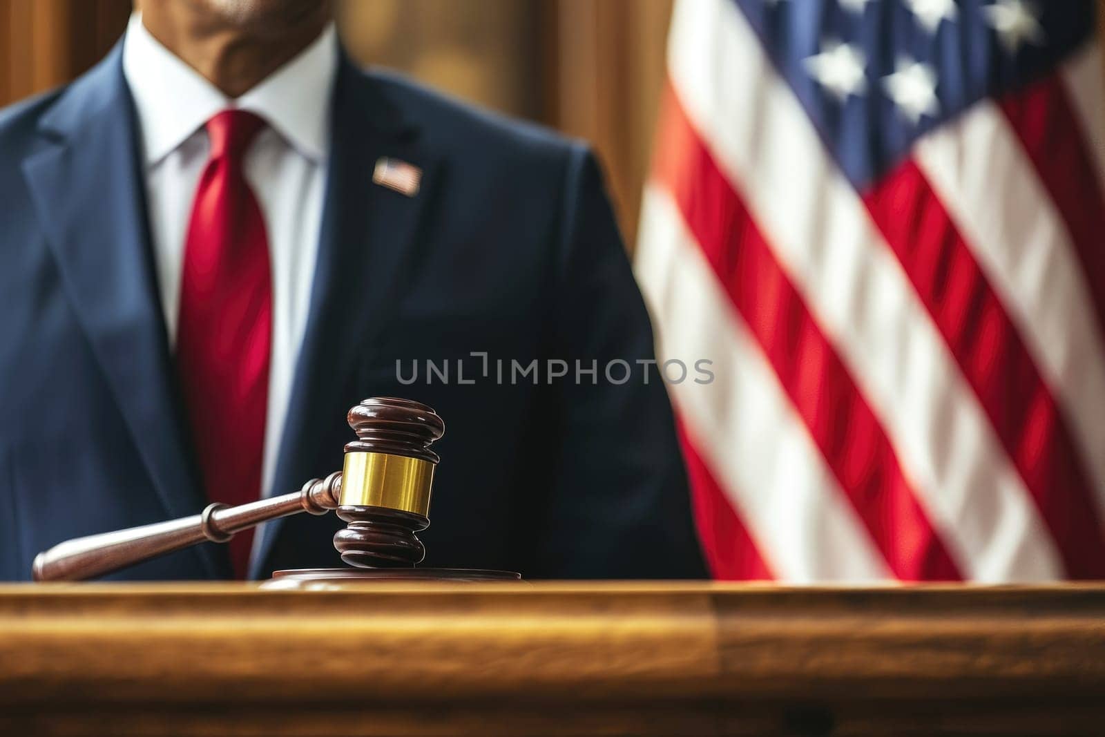 A close-up view of a speaker giving a political speech against an American flag, emphasizing the essence of leadership and civic engagement in society.