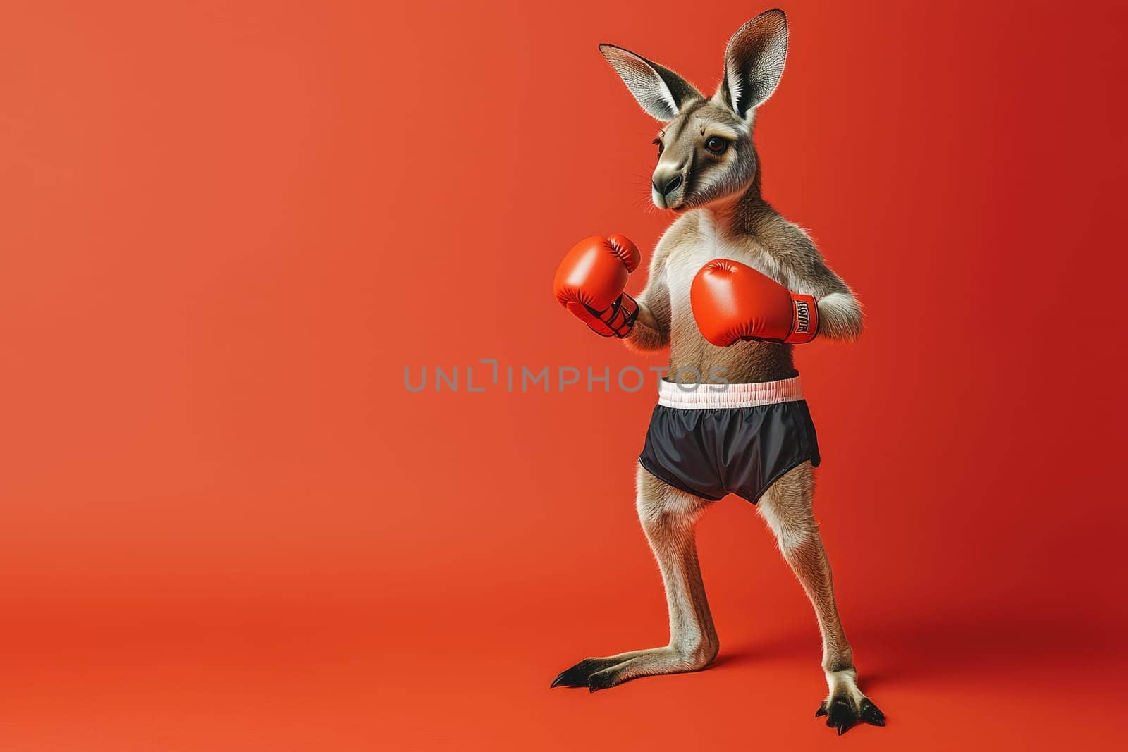 This whimsical illustration features a kangaroo dressed in boxing gloves and shorts, poised for action against a bright red backdrop, embodying humor and creativity in a fun sport-themed scene.