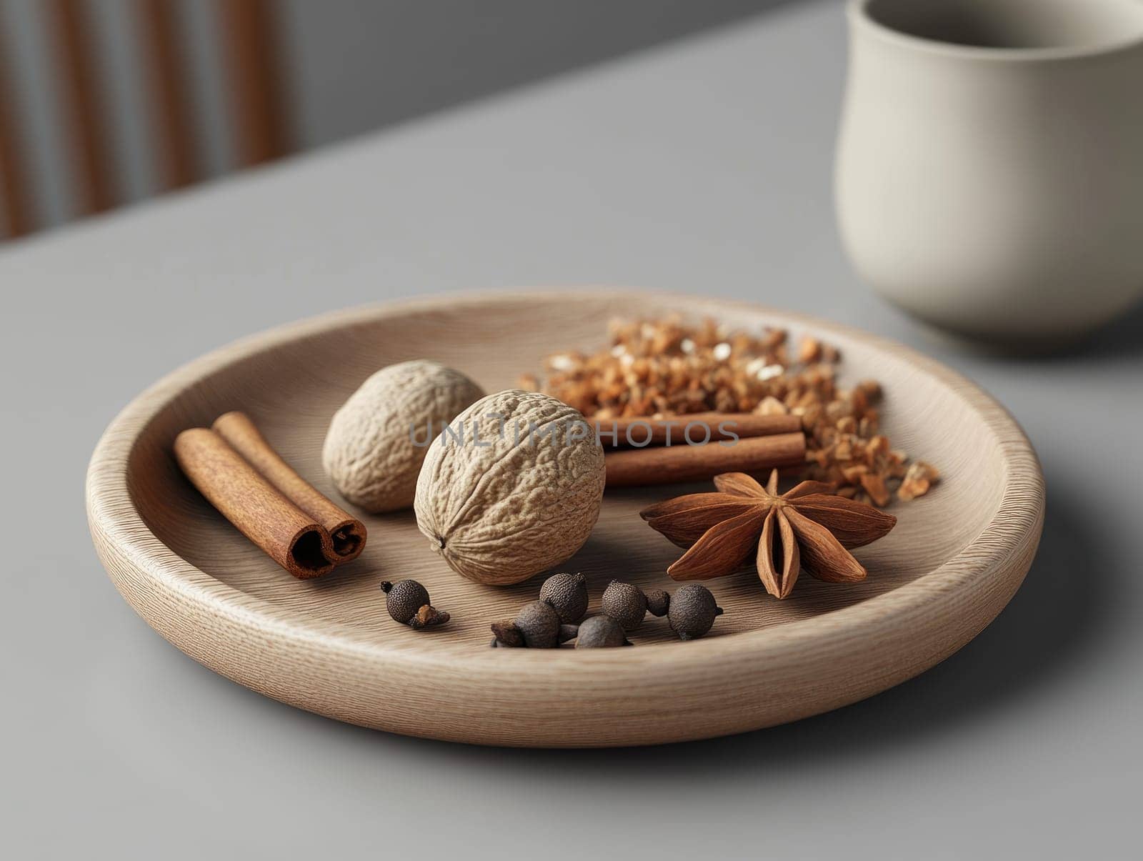 Assorted winter spices on wooden plate for culinary inspiration.