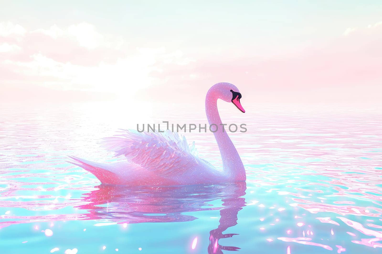 Discover the serene beauty of a graceful swan floating in holographic waters, illuminated by soft pastel colors of sunrise, creating a mesmerizing and tranquil scene.