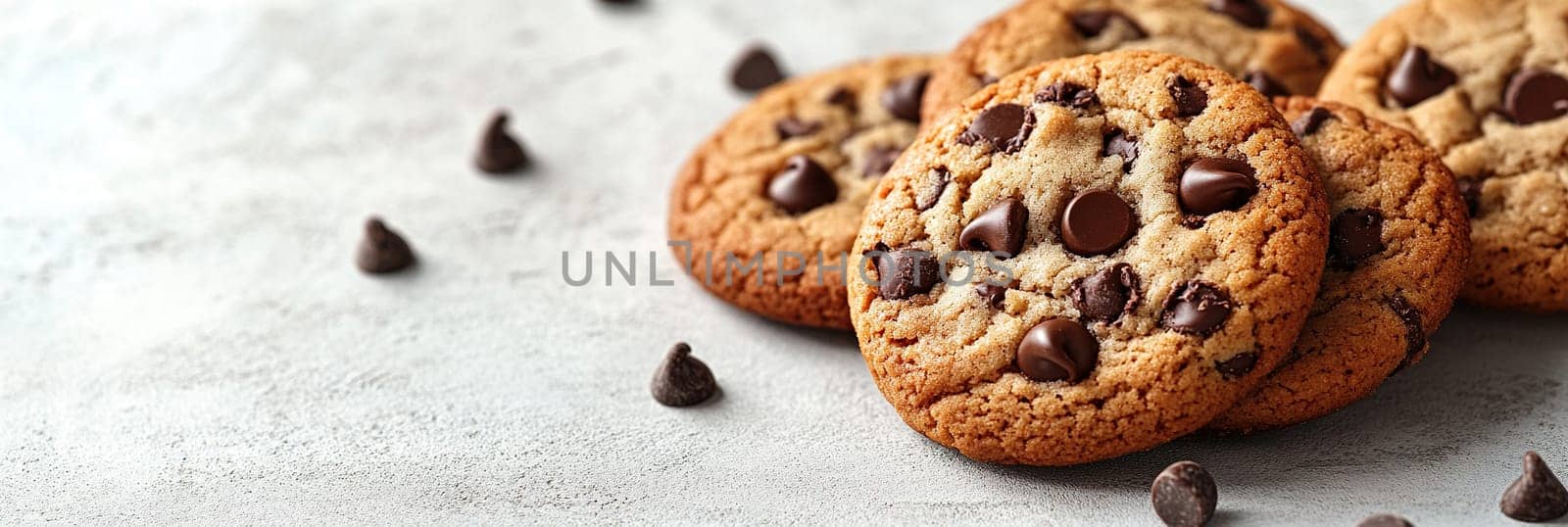 Handmade cookies with chocolate chips on light background with space for text