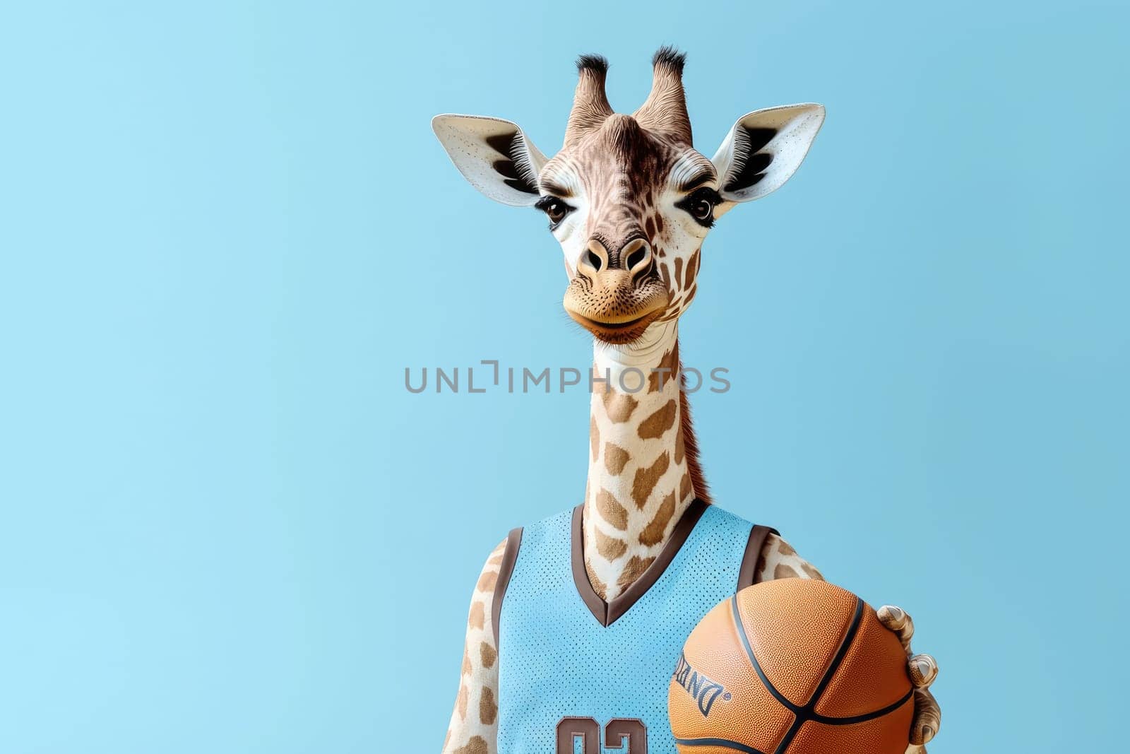 A whimsical giraffe wearing a basketball jersey holds a basketball against a bright blue background, adding a fun and lively touch to any creative project or advertisement.