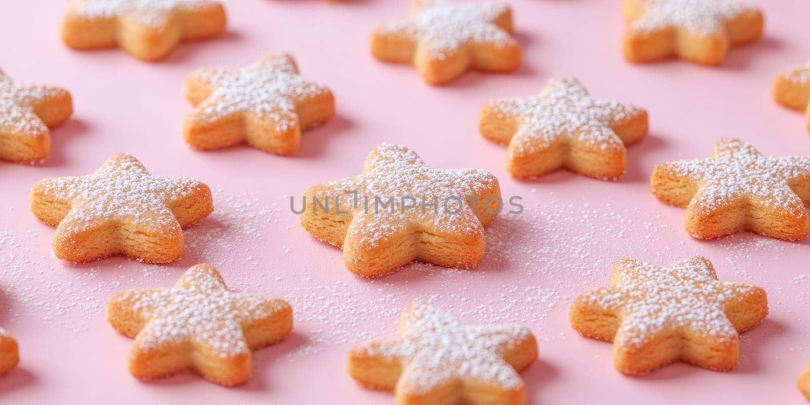 Star shaped gingerbread cookies on pastel pink background for holiday baking inspiration.