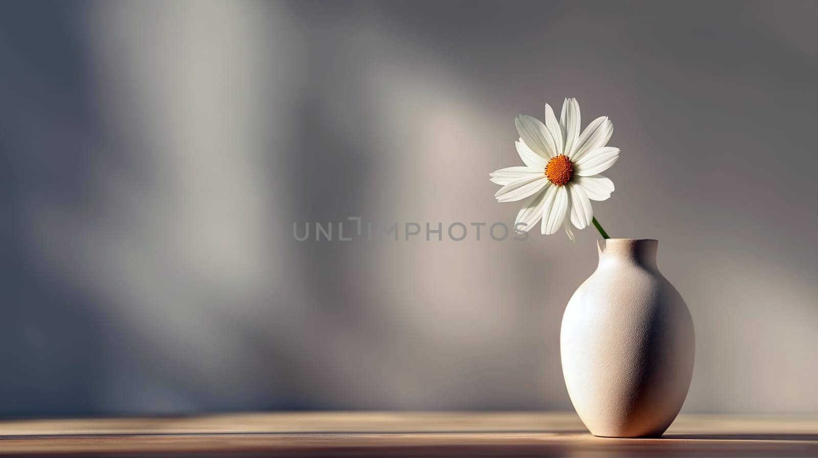 A delicate daisy stands upright in a minimalist vase on a wooden table. Soft natural light enhances the tranquil setting, evoking a sense of simplicity and peace - Generative AI
