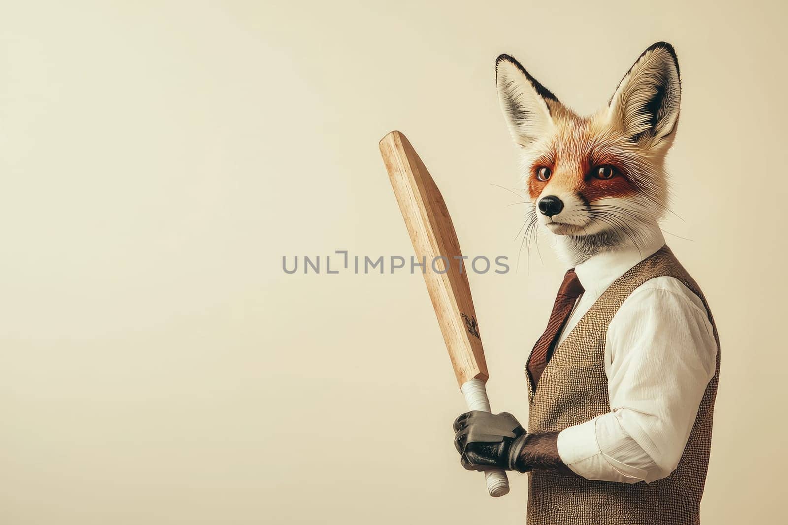 A stylish fox character wears cricket attire and holds a bat. This whimsical image blends a playful spirit with sporting elegance, perfect for creative projects.