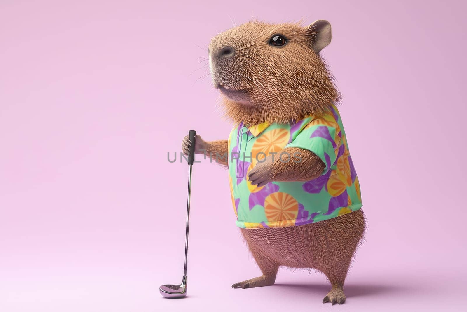 A charming capybara dressed in a colorful golfing outfit stands confidently with a golf club, set against a soft pink background, ideal for lighthearted imagery and playful designs.