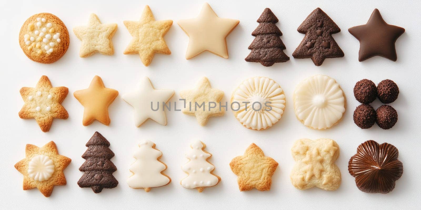Festive christmas cookies in various shapes flat lay for holiday celebrations.