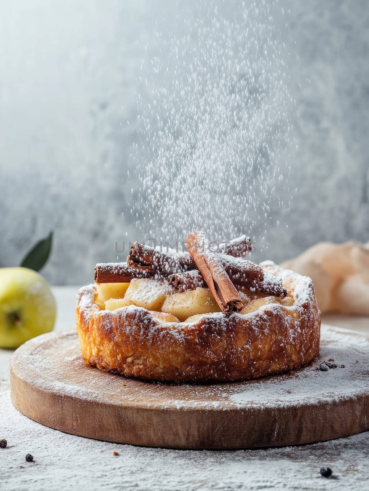 Delicious warm apple pie with cinnamon sticks and a dusting of icing sugar on wooden board.