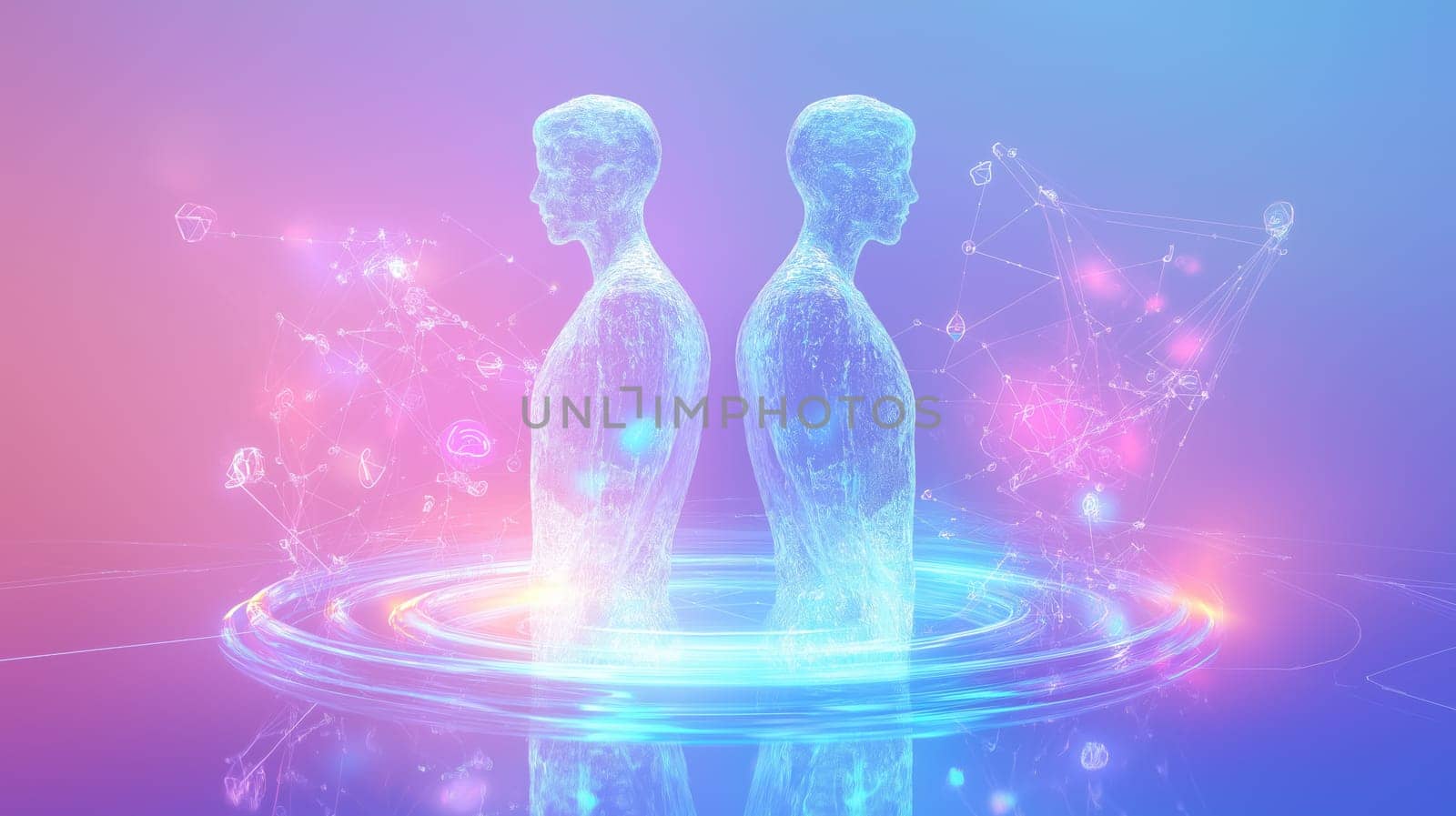 Dual holographic avatars stand in a futuristic digital interface, surrounded by abstract networks and glowing geometric shapes. the scene blends innovation and technology, advancements in virtual reality and data visualization.