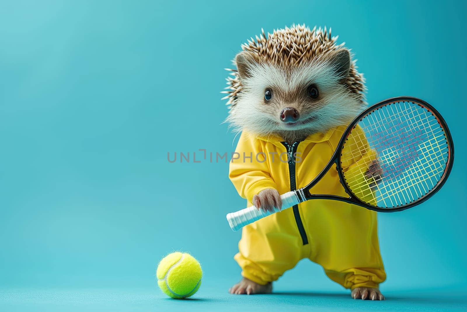 A charming hedgehog dressed in a yellow tracksuit holds a tennis racket next to a bright tennis ball against a vibrant blue backdrop, capturing the essence of fun and playfulness in sports.
