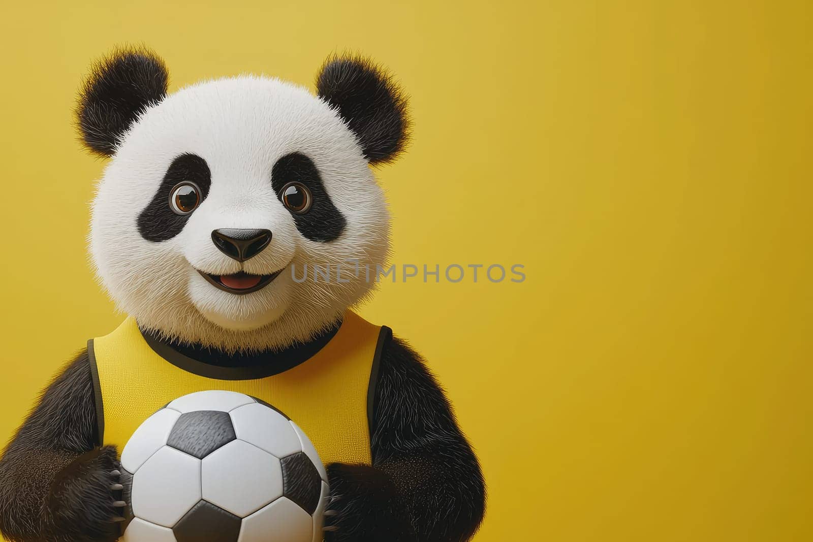 Adorable panda character in a yellow soccer uniform holds a soccer ball, set against a bright yellow background, ideal for children's sports themes and playful illustrations.