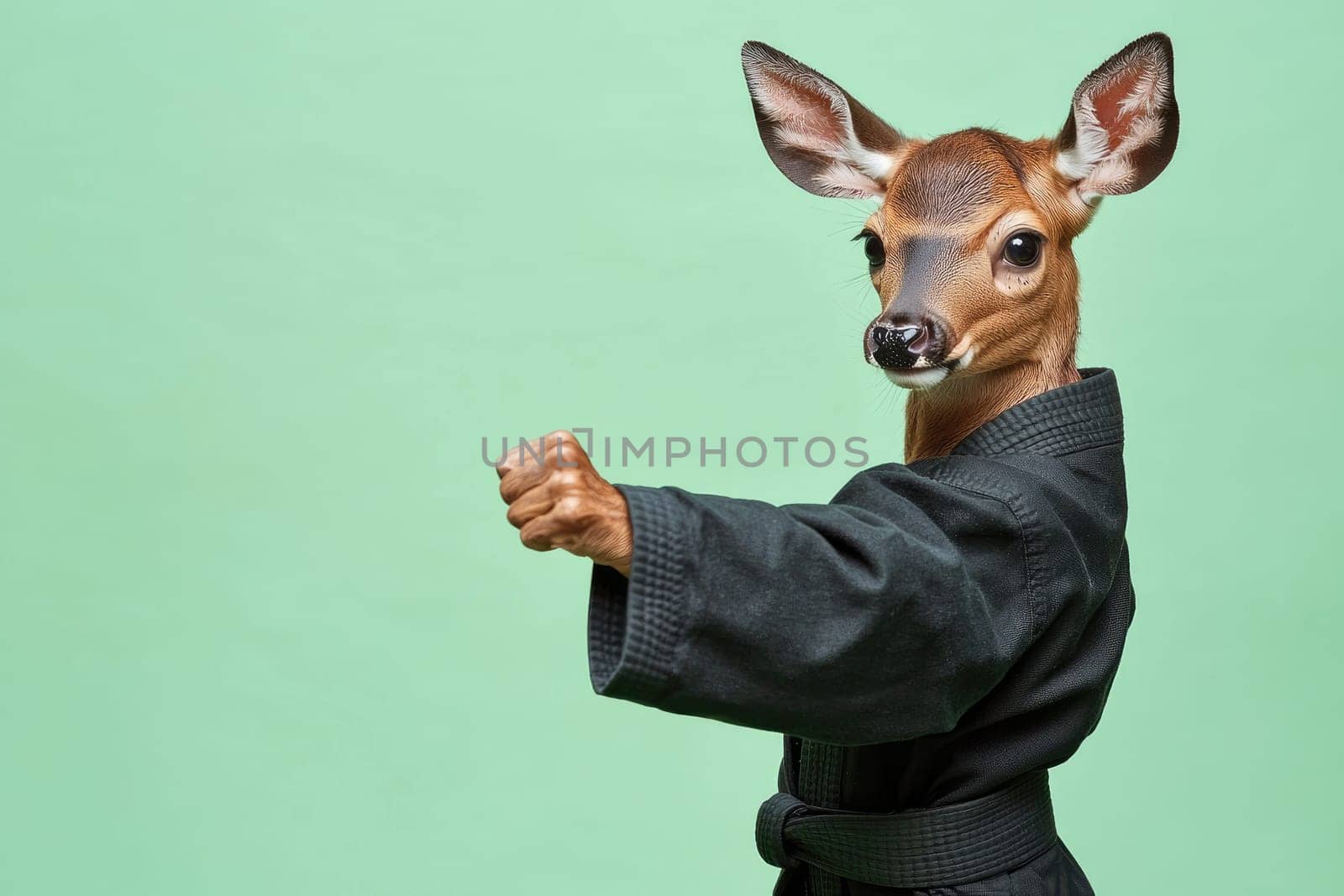 This imaginative stock photo features a martial artist wearing a deer mask and traditional karate gi, striking a confident pose against a bright green backdrop, blending humor and creativity.