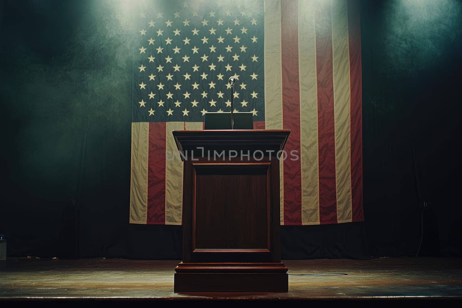 A wooden podium stands in front of a grand American flag, surrounded by a dramatic light setting, ideal for conveying a message of patriotism and leadership during events or speeches.