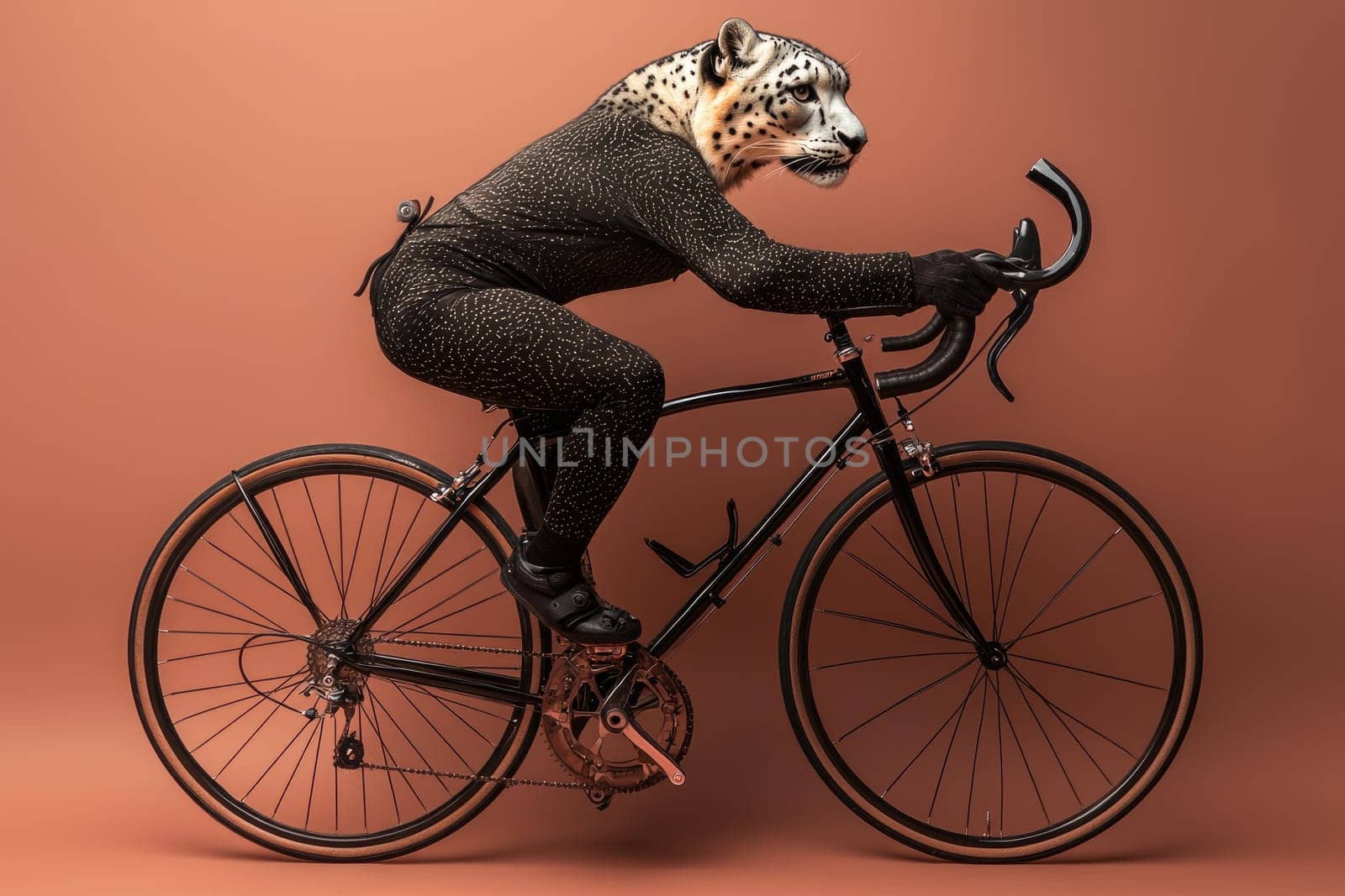 A majestic snow leopard in a sleek black cycling outfit rides a bicycle, showcasing a blend of elegance and dynamism in an artistic and vibrant setting.