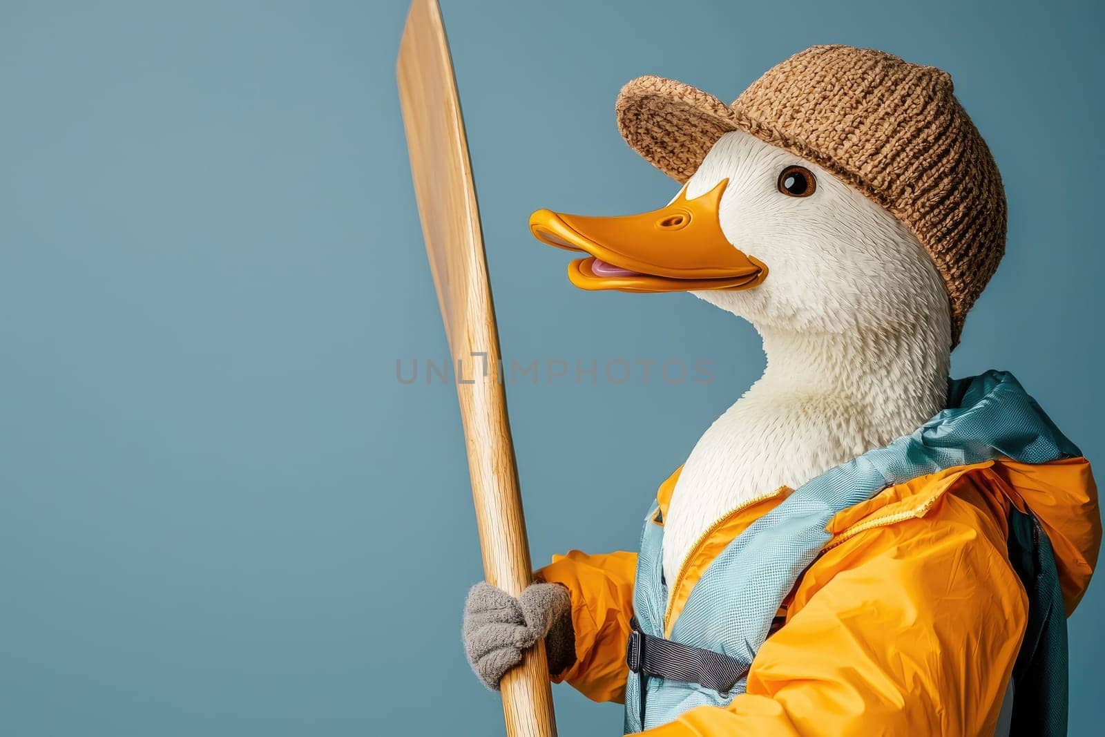 A whimsical image featuring a duck dressed in vibrant rowing attire, holding a wooden oar, exuding charm and creativity against a soft blue backdrop.