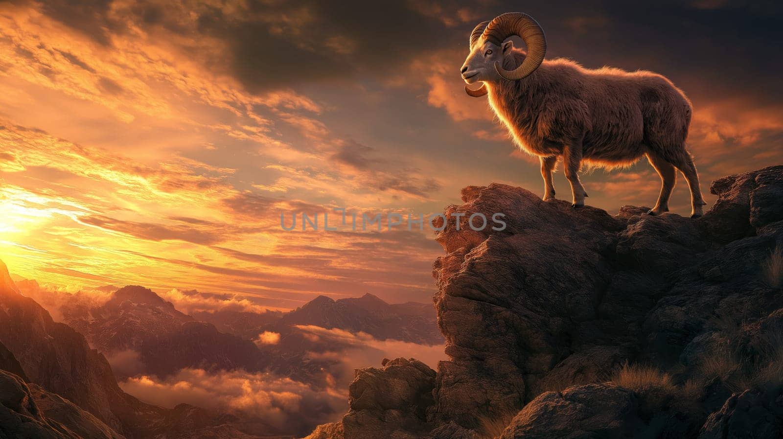 A majestic ram stands proudly on a rugged mountain peak, illuminated by a dramatic sunset sky. the vibrant hues of the sunset cast a warm glow over the rocky landscape, evoking a sense of solitude and natural beauty.