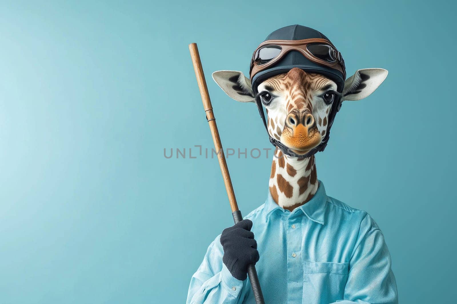 Playful depiction of a giraffe dressed as a vintage pilot, holding a cane, set against a solid blue background. A creative blend of humor and style, perfect for artistic projects.