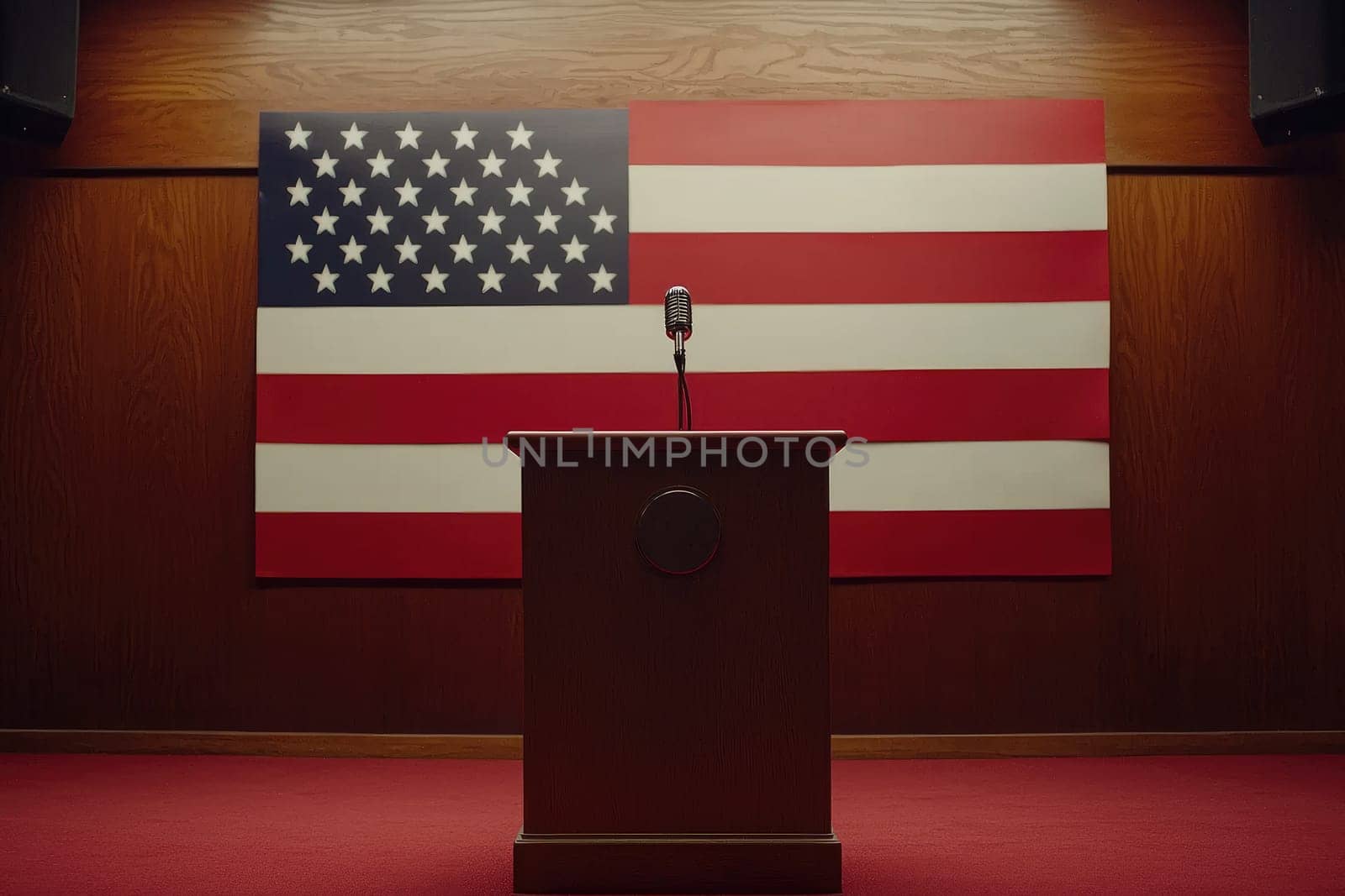 Classic podium with a microphone stands ready against a large American flag, creating a perfect setting for political speeches and public addresses in an empty room.