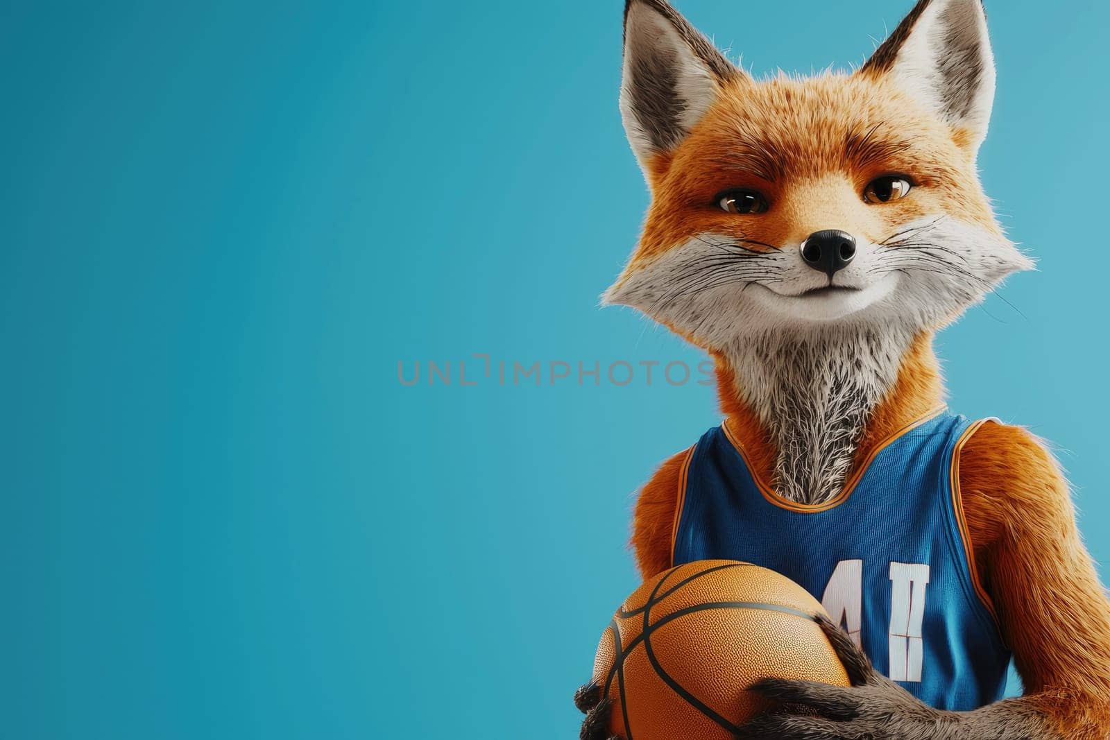 A charming cartoon fox character poses with a basketball in a bright blue setting, embodying fun and energy, ideal for sports-related themes and playful designs.
