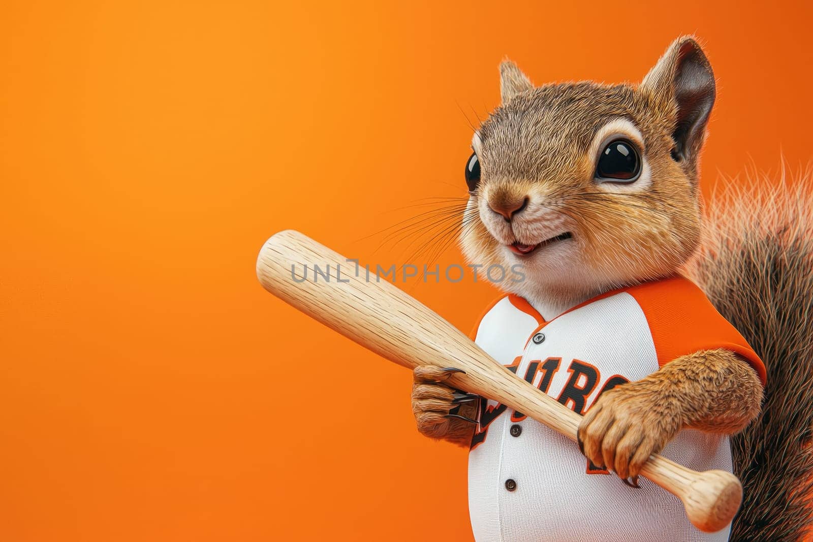 This photorealistic image features a joyful squirrel in a baseball jersey, cheerfully holding a wooden bat with a vibrant orange background, perfect for playful and whimsical art collections.
