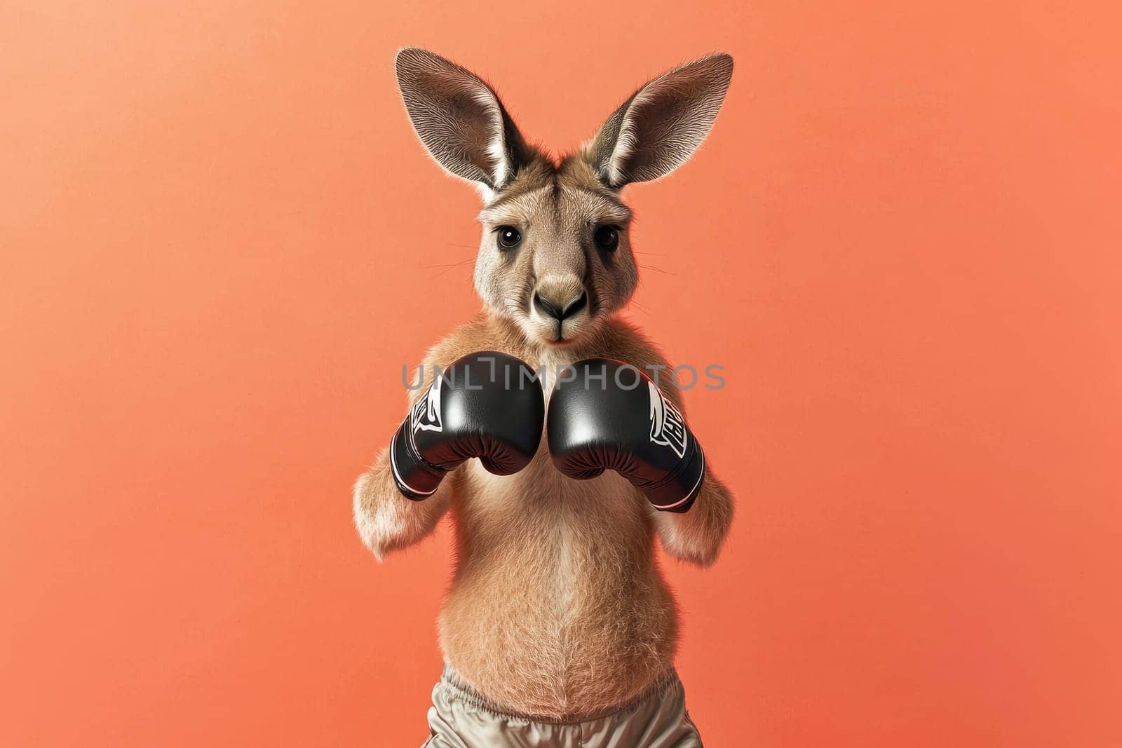 A playful cartoon kangaroo stands ready for a boxing match, wearing gloves against a striking orange backdrop, embodying energy, fun, and determination in sports.