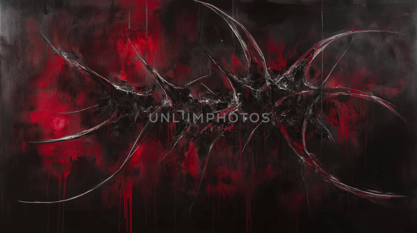 Dynamic abstract artwork featuring sharp, angular forms against a deep red and black background. the intense contrast and bold lines create a sense of movement and energy, adding dramatic visual impact.