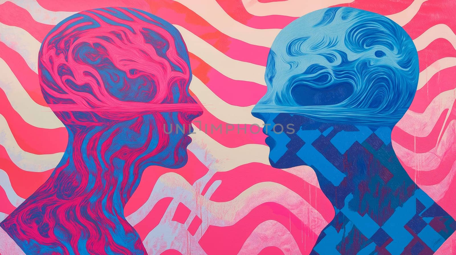 Vibrant abstract artwork featuring two intertwined human forms in dual tones. bold, swirling patterns and fluid lines create a dynamic interplay, offering a visual exploration of connection and duality.