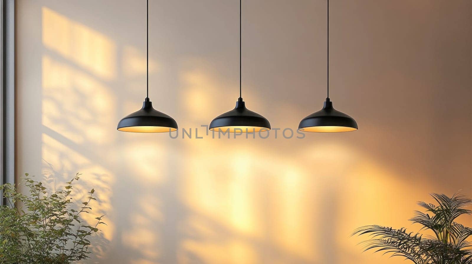 Three black pendant lamps illuminate a room with warm light, creating a cozy and stylish atmosphere