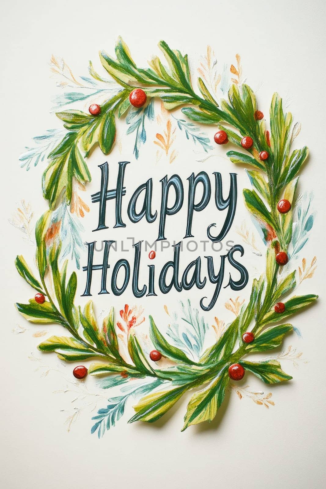Hand-painted watercolor illustration features the message happy holidays surrounded by a decorative wreath of green leaves and red berries