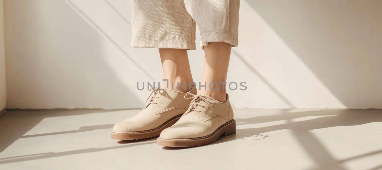 Woman wearing beige suede derby shoes and beige pants standing on a white floor